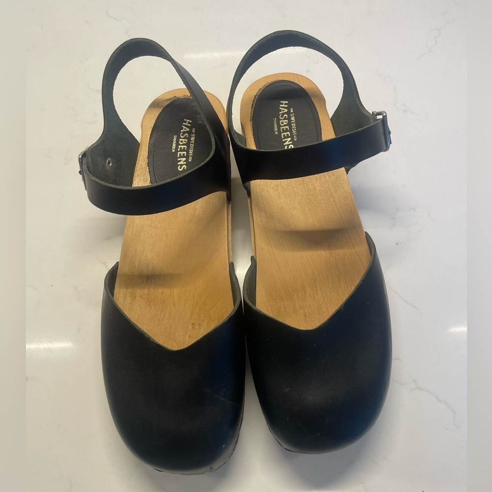 Swedish Hasbeens Black Leather Mary Jane Clogs with Ankle Strap